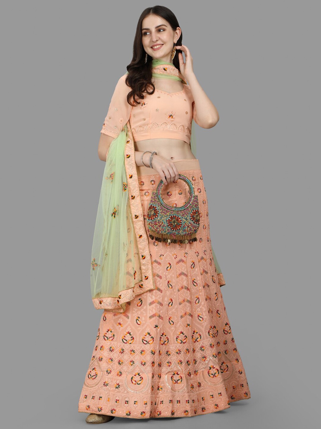 

PMD Fashion Embroidered Satin Ready to Wear Lehenga & Blouse With Dupatta, Orange