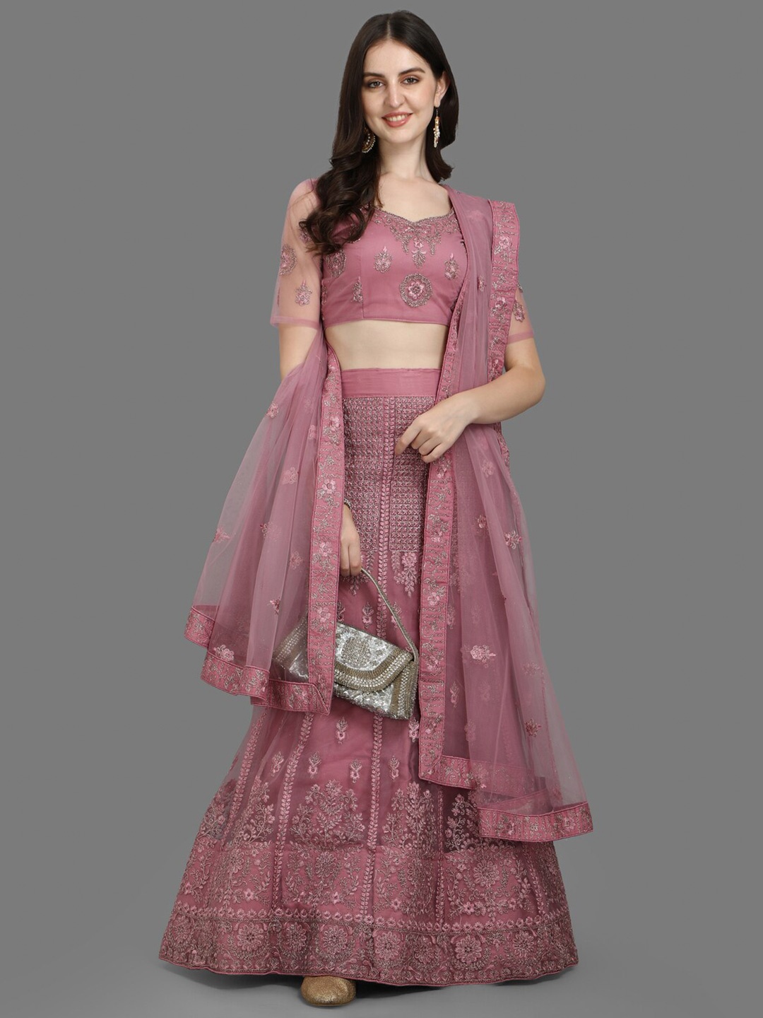 

PMD Fashion Floral Embroidered Net Ready to Wear Lehenga & Blouse With Dupatta, Peach