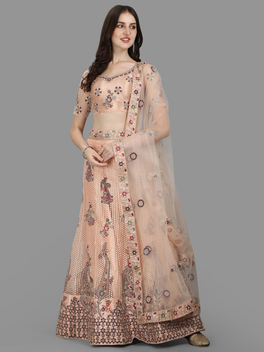 

PMD Fashion Embroidered Thread Work Ready To Wear Lehenga & Blouse With Dupatta, Peach