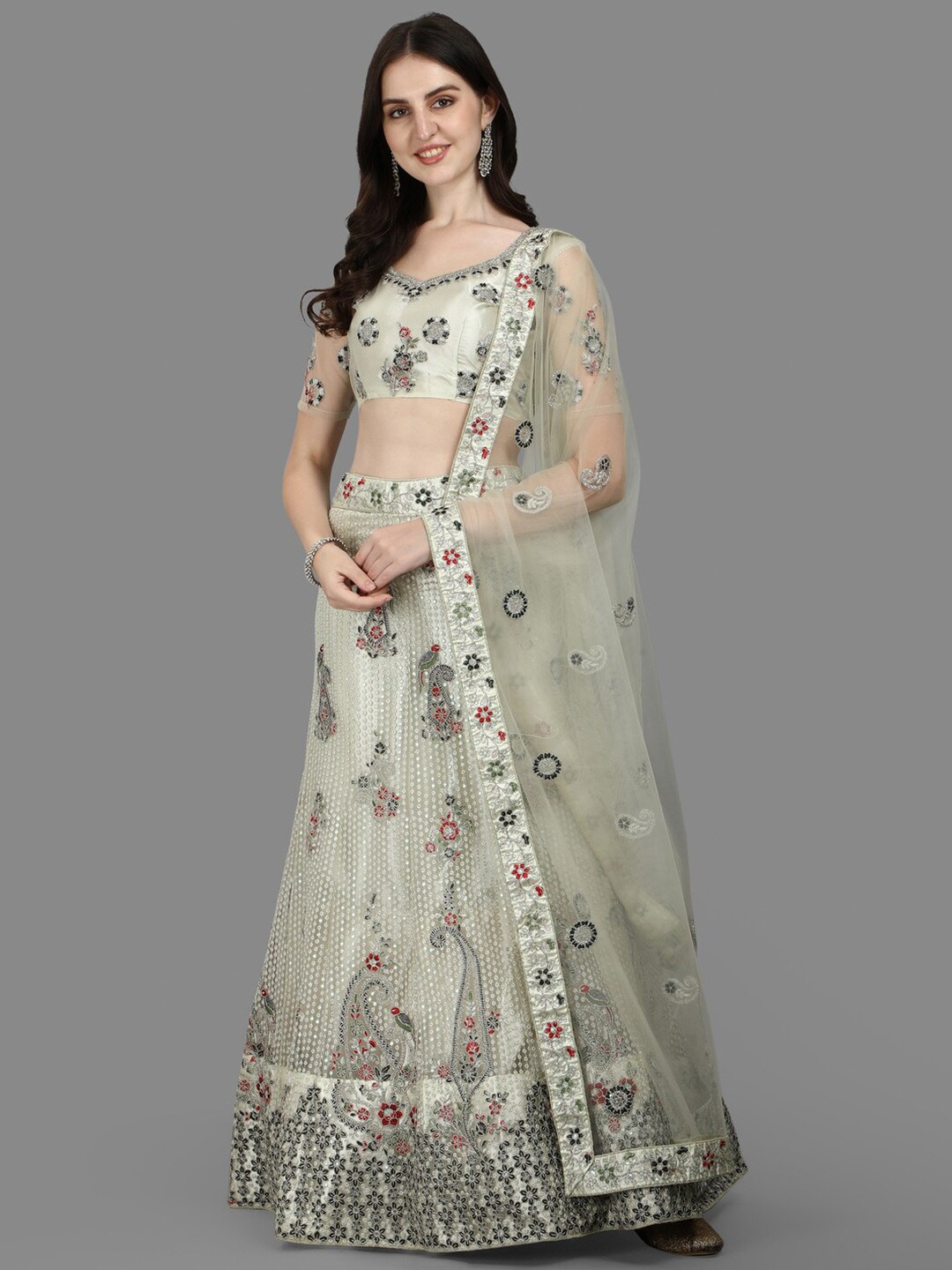 

PMD Fashion Floral Embroidered Sequinned Net Ready to Wear Lehenga & Blouse With Dupatta, Grey