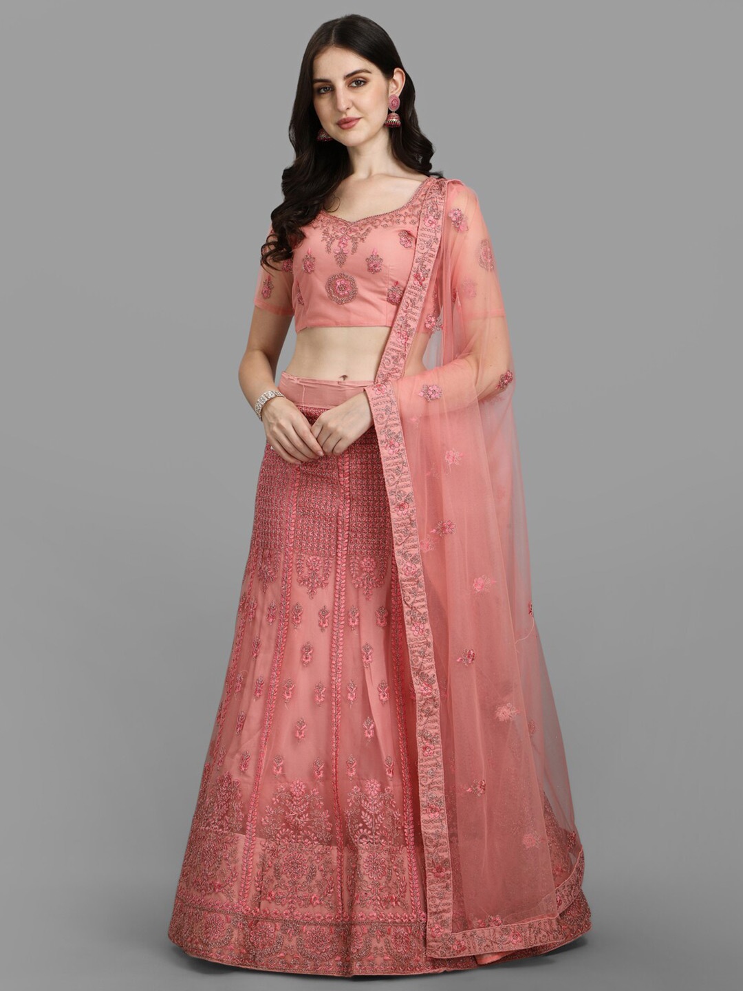 

PMD Fashion Embroidered Thread Work Ready To Wear Lehenga & Blouse With Dupatta, Pink