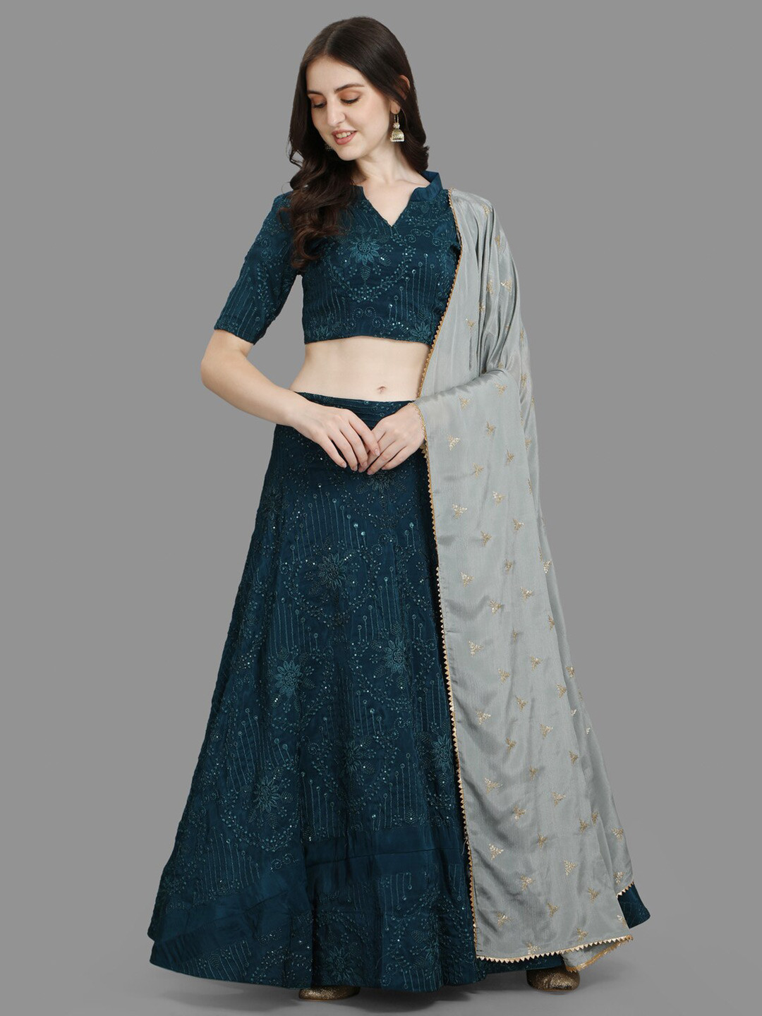 

PMD Fashion Embroidered Sequinned Ready To Wear Lehenga & Blouse With Dupatta, Blue