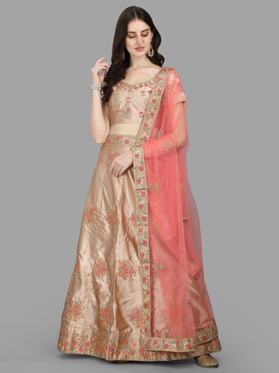 

PMD Fashion Embroidered Ready to Wear Lehenga & Blouse Dupatta, Beige