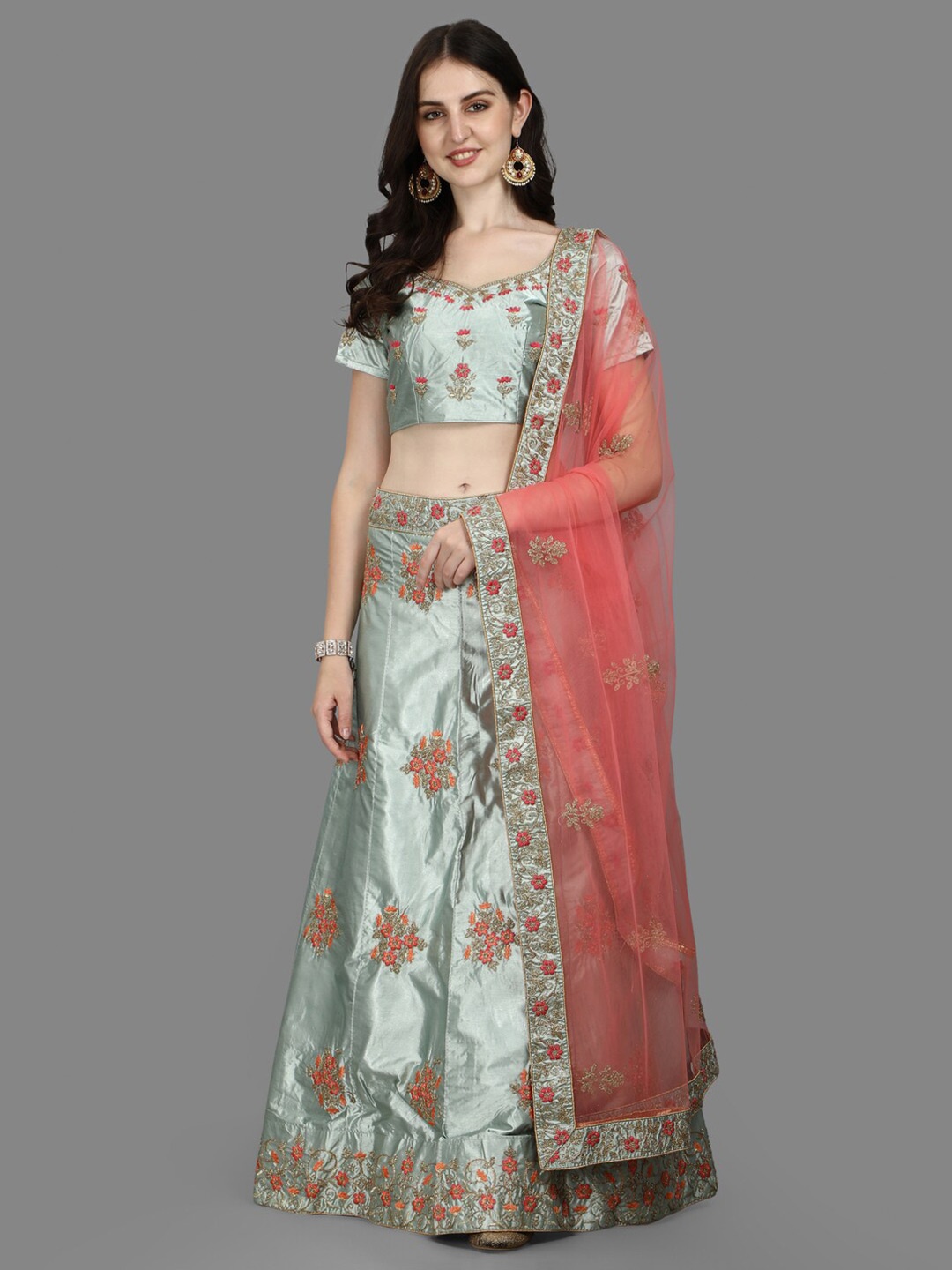 

PMD Fashion Embroidered Satin Ready to Wear Lehenga & Blouse With Dupatta, Grey