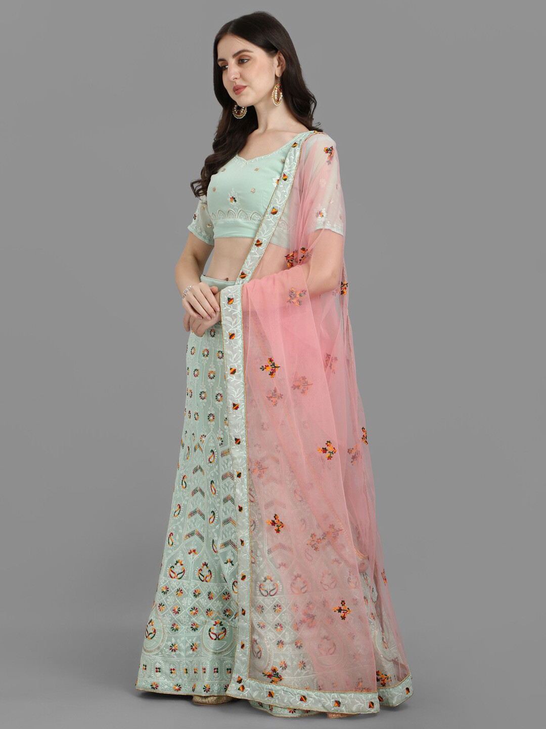 

PMD Fashion Embroidered Ready to Wear Lehenga & Blouse Dupatta, Lime green