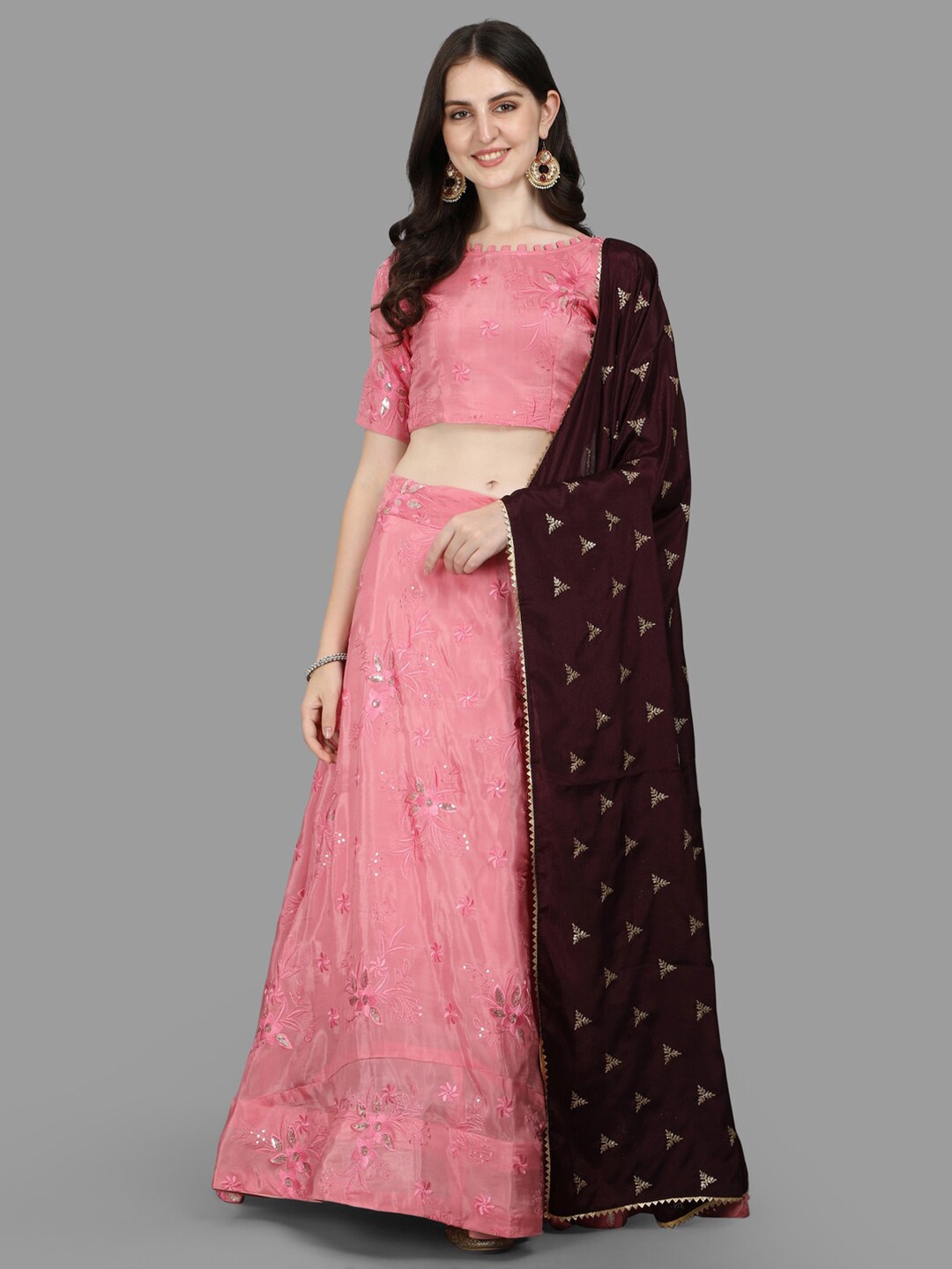 

PMD Fashion Embroidered Sequinned Ready to Wear Lehenga & Blouse Dupatta, Pink