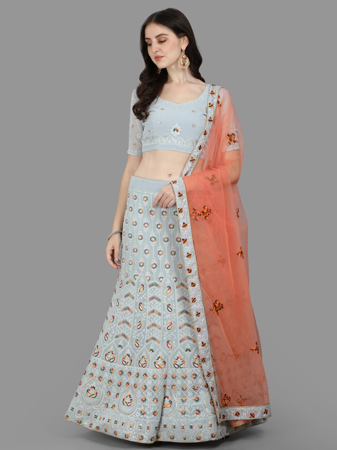 

PMD Fashion Embroidered Ready to Wear Lehenga & Blouse Dupatta, Grey