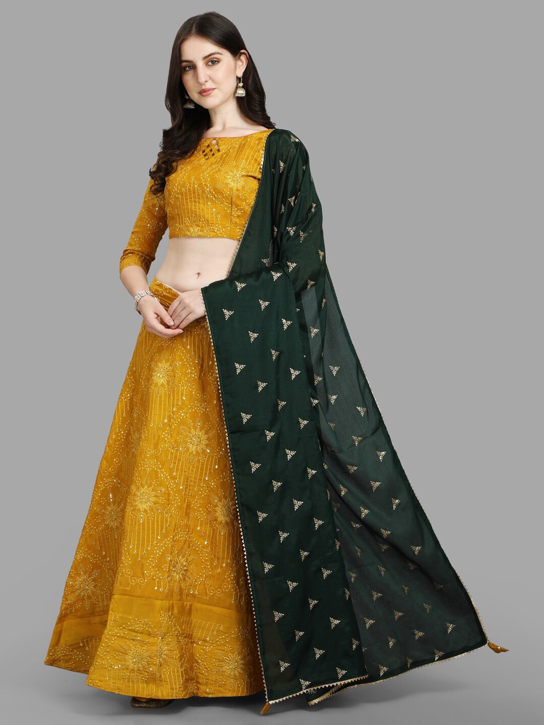 

PMD Fashion Embroidered Sequinned Ready To Wear Lehenga & Blouse With Dupatta, Yellow