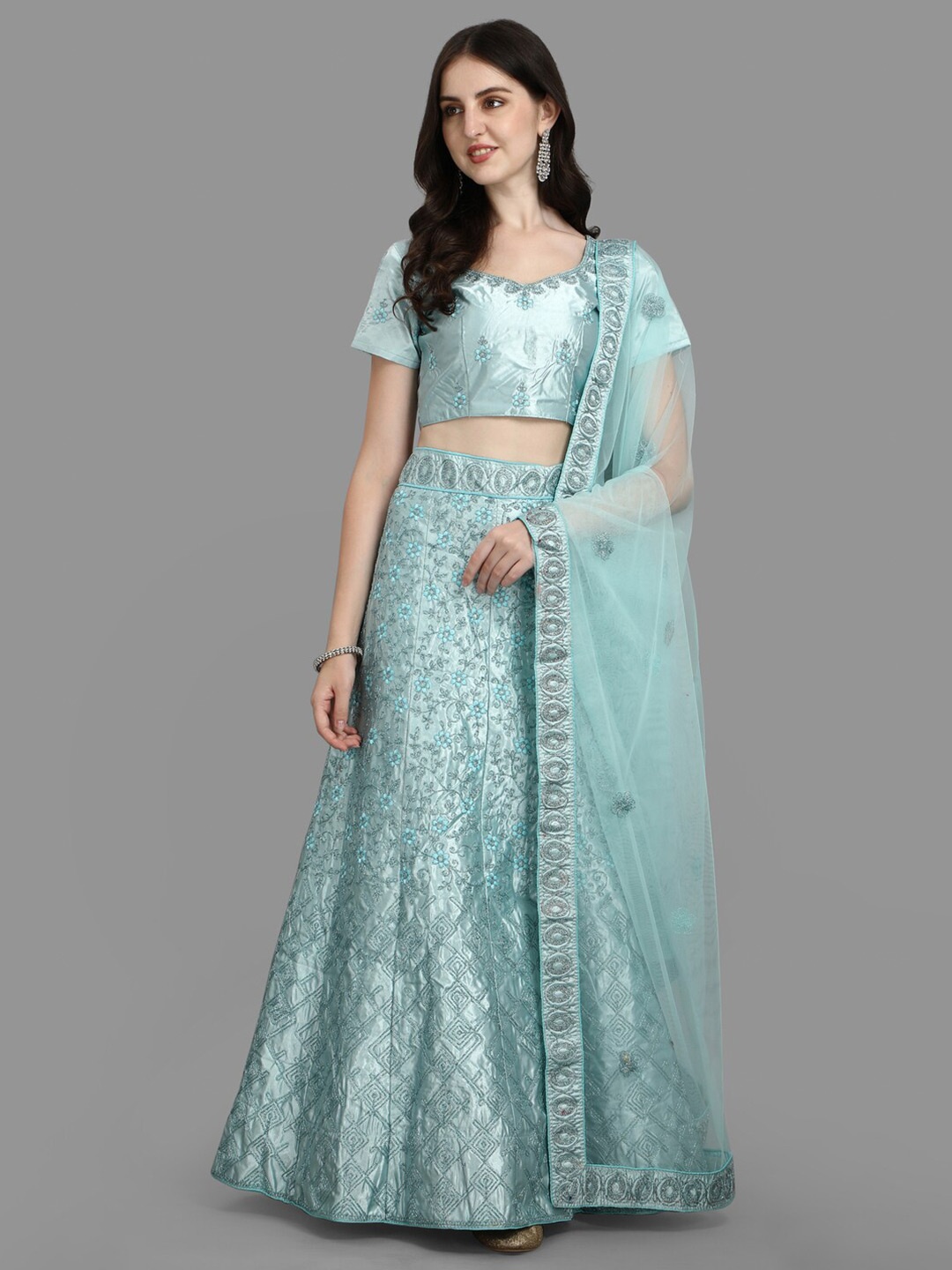 

PMD Fashion Floral Embroidered Ready to Wear Satin Lehenga & Blouse With Dupatta, Blue