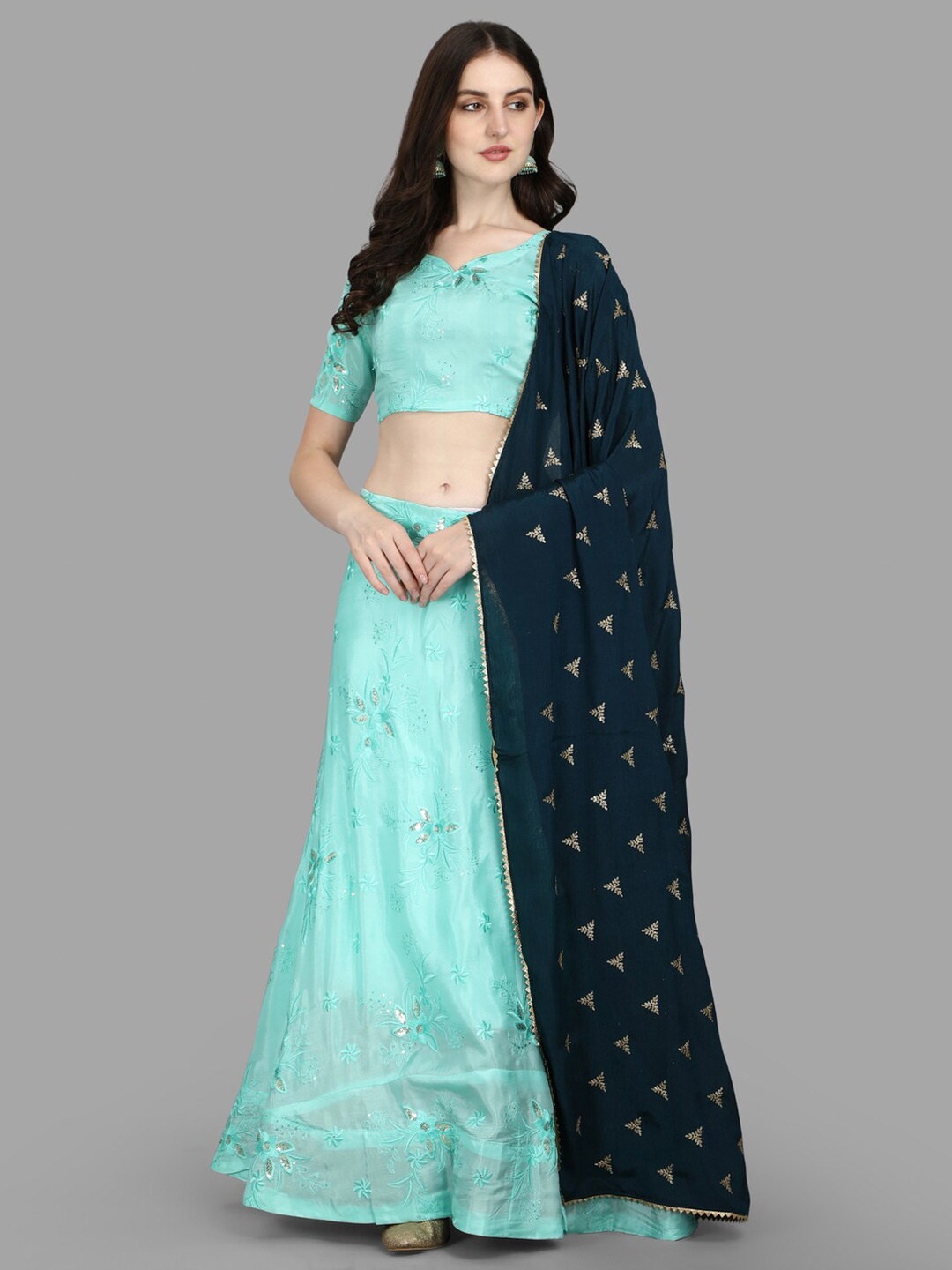 

PMD Fashion Embroidered Sequinned Ready to Wear Lehenga & Blouse Dupatta, Blue