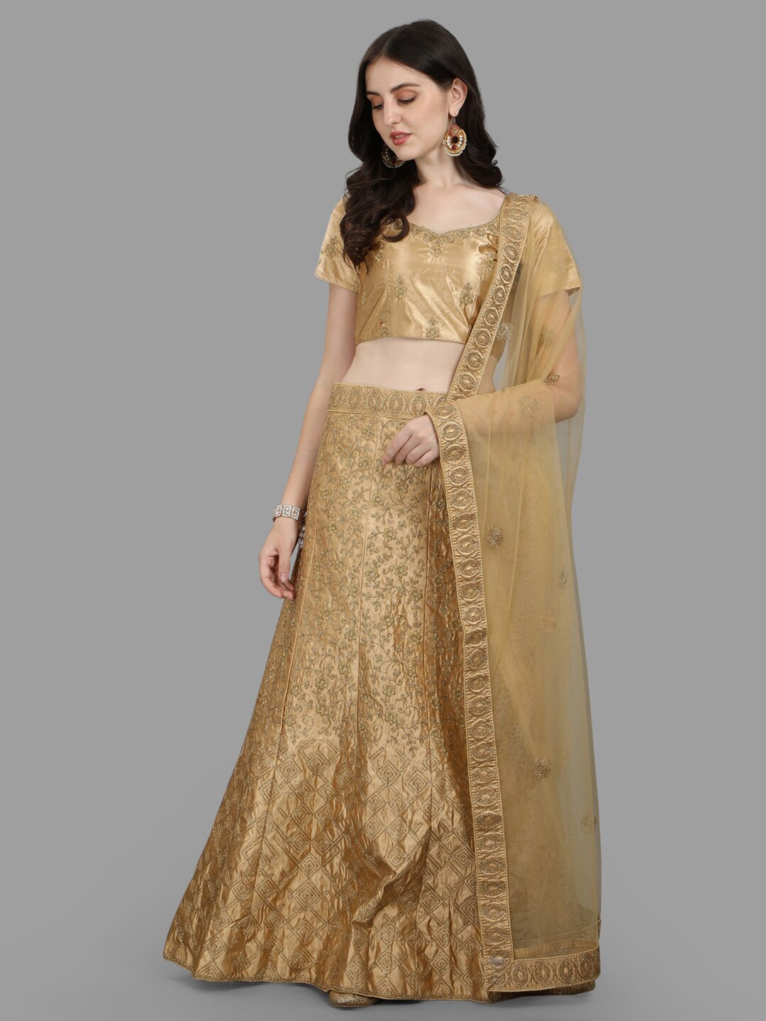 

PMD Fashion Embroidered Thread Work Ready To Wear Lehenga & Blouse With Dupatta, Gold