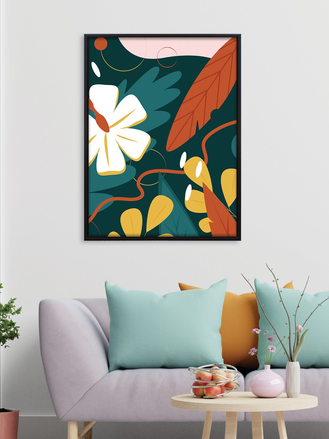 

RANDOM Green & Rust Colored Flower Printed Canvas Framed Wall Art