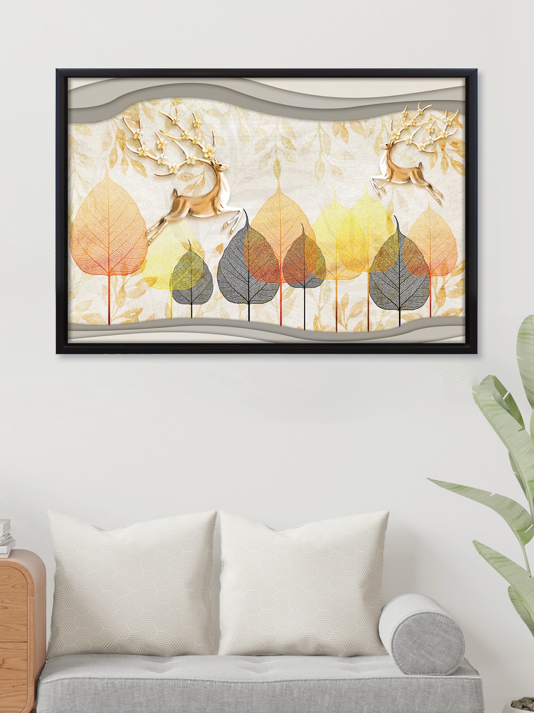 

RANDOM Beige & Yellow Leaf Printed Canvas Framed Wall Art
