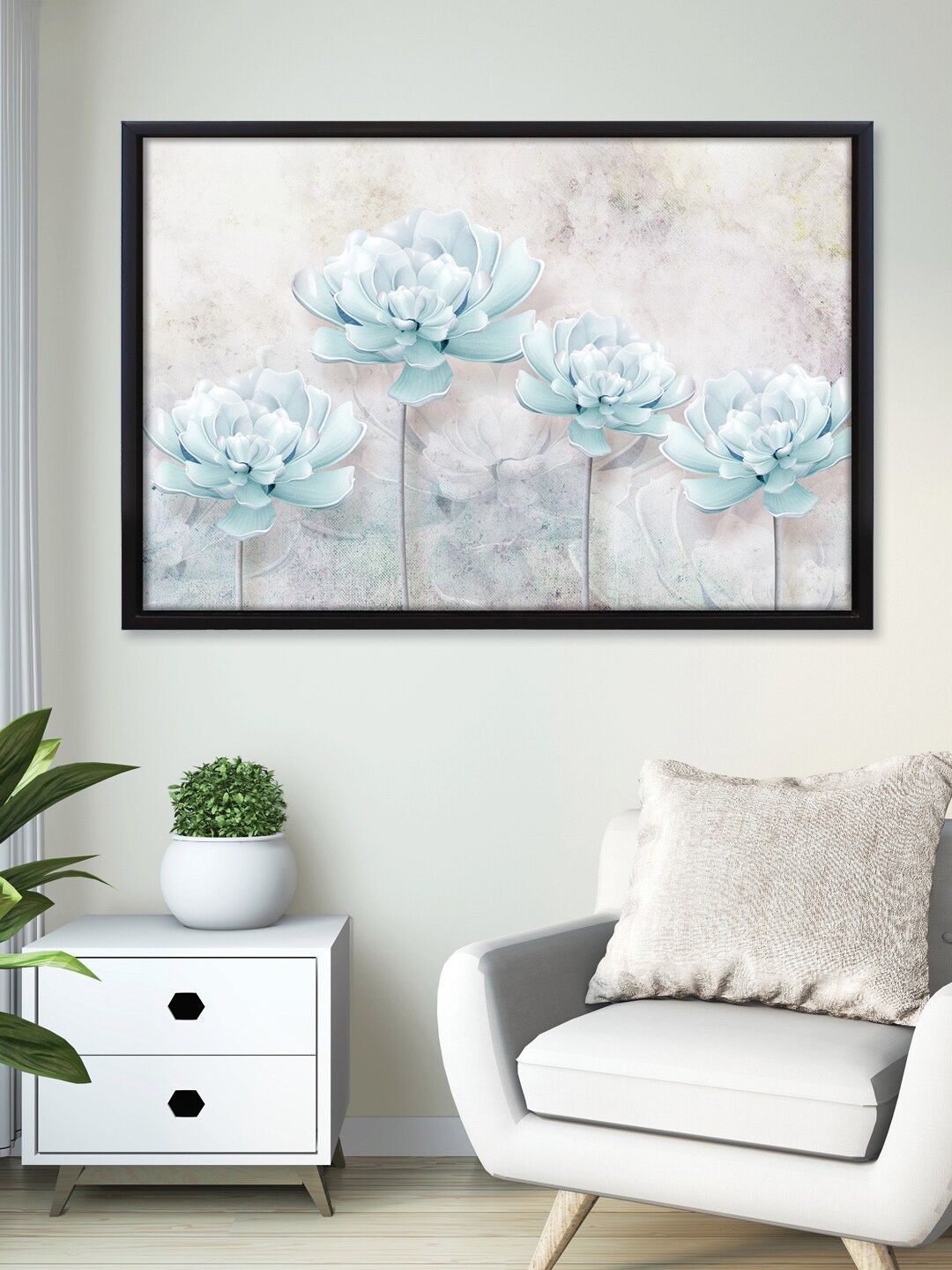 

RANDOM Off-White & Blue Flower Printed Framed Canvas Wall Art
