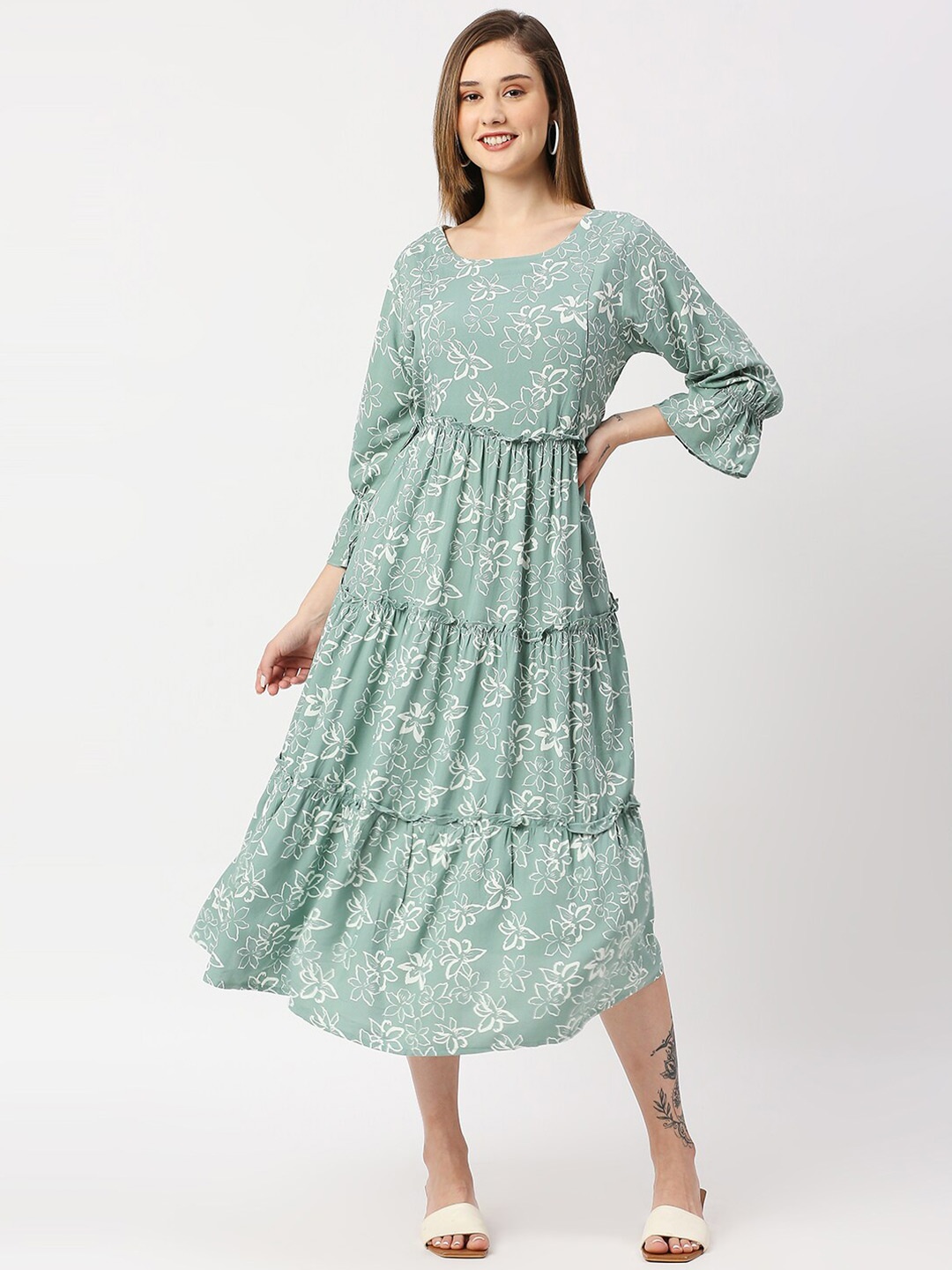 

MeeMee Floral Printed Maternity Fit & Flare Midi Dress with Feeding Zip, Green