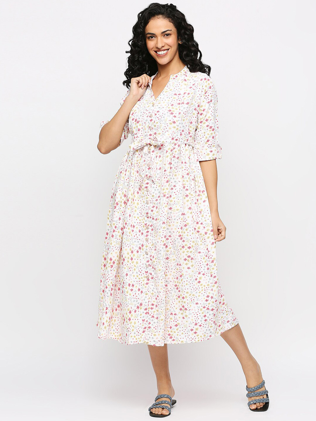 

MeeMee Floral Printed Mandarin Collar Roll-Up Sleeves Maternity A-Line Midi Dress, White