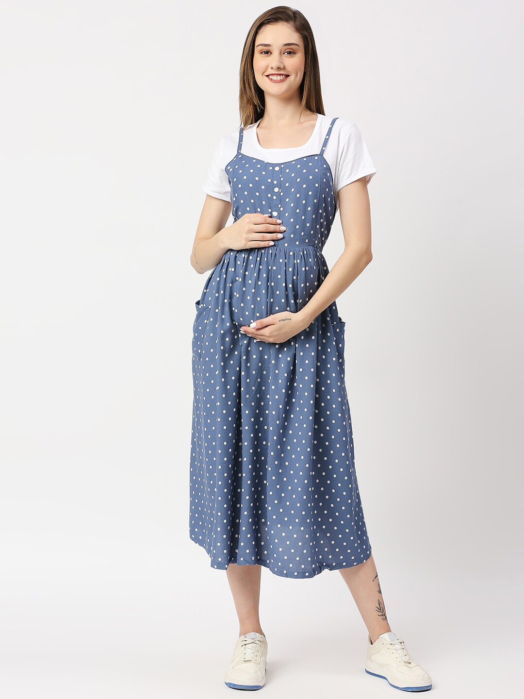 

MeeMee Polka Dot Printed Maternity Pinafore Midi Dress, Blue