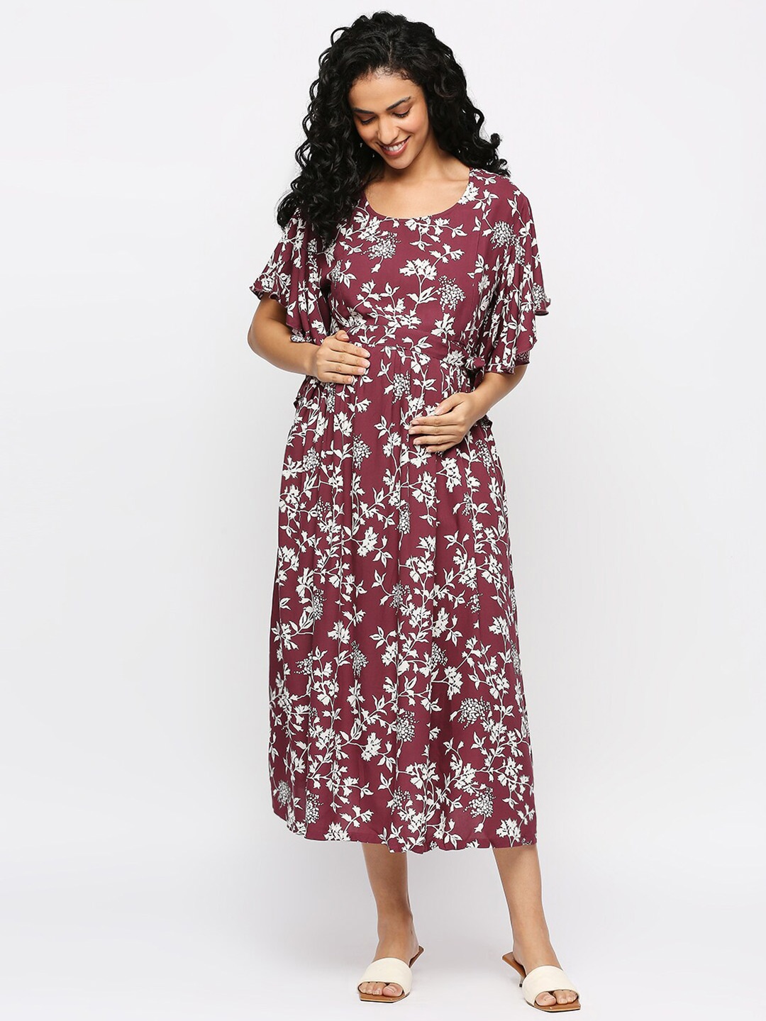 

MeeMee Floral Printed Maternity Fit & Flare Midi Dress with Feeding Zip, Maroon