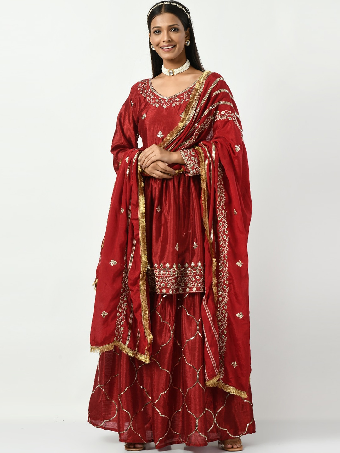 

Angroop Ethnic Motifs Embroidered Sequined A-Line Kurta & Sharara With Dupatta, Red