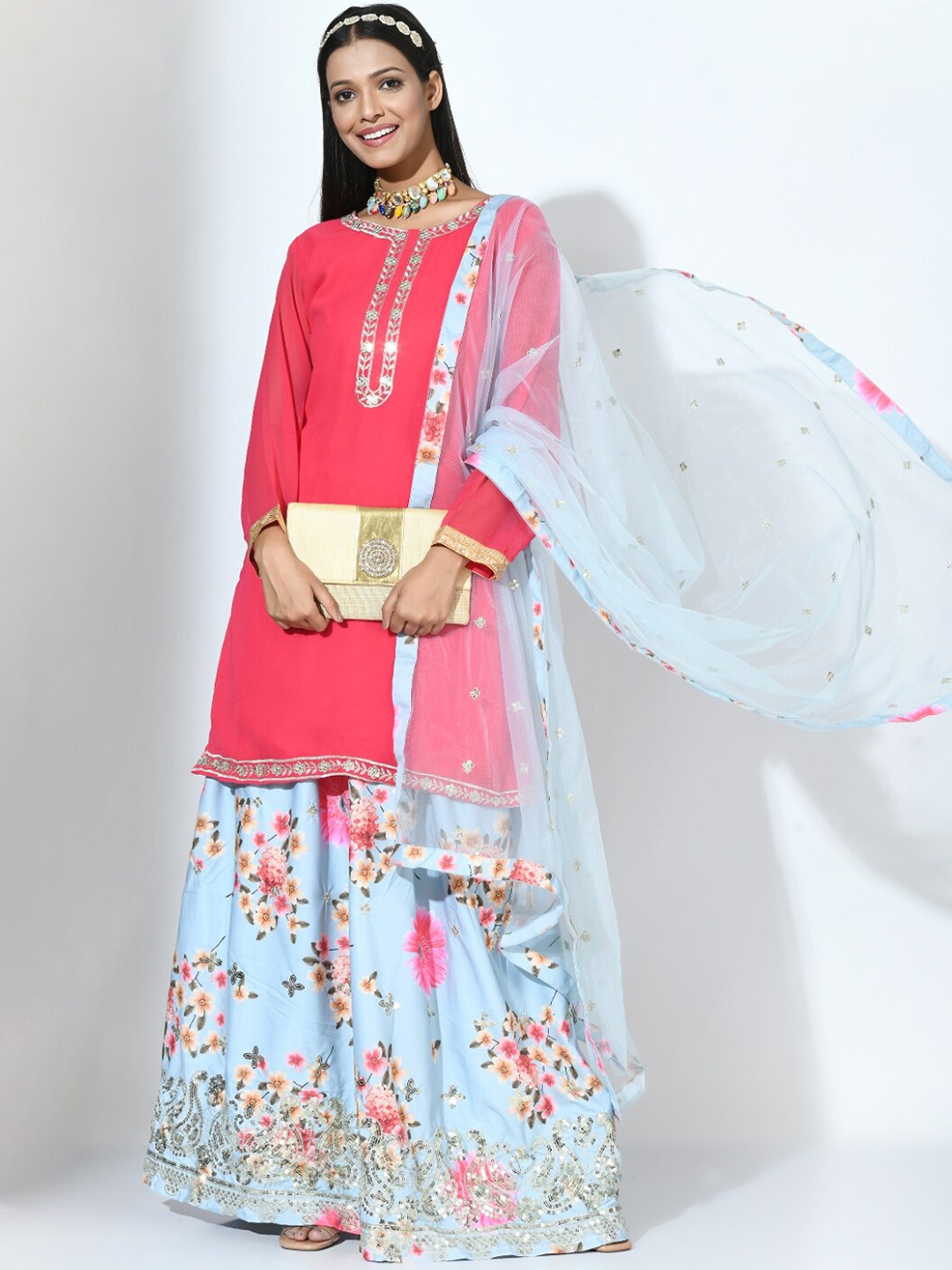 

Angroop Floral Embroidered Sequined Straight Kurta & Sharara With Dupatta, Coral