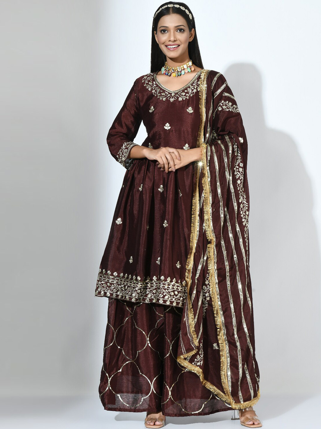 

Angroop Ethnic Motifs Embroidered V-Neck Sequined A-Line Kurta & Sharara With Dupatta, Brown