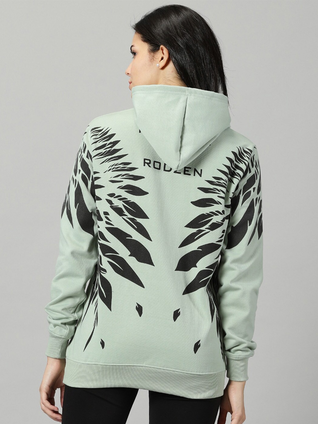 

Rodzen Graphic Printed Hooded Fleece Longline Pullover, Green