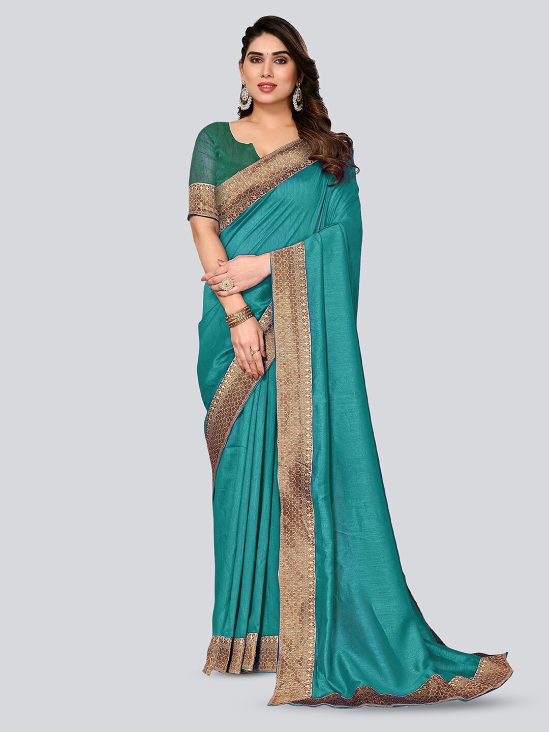 

SIRIL Woven Design Border Saree, Turquoise blue