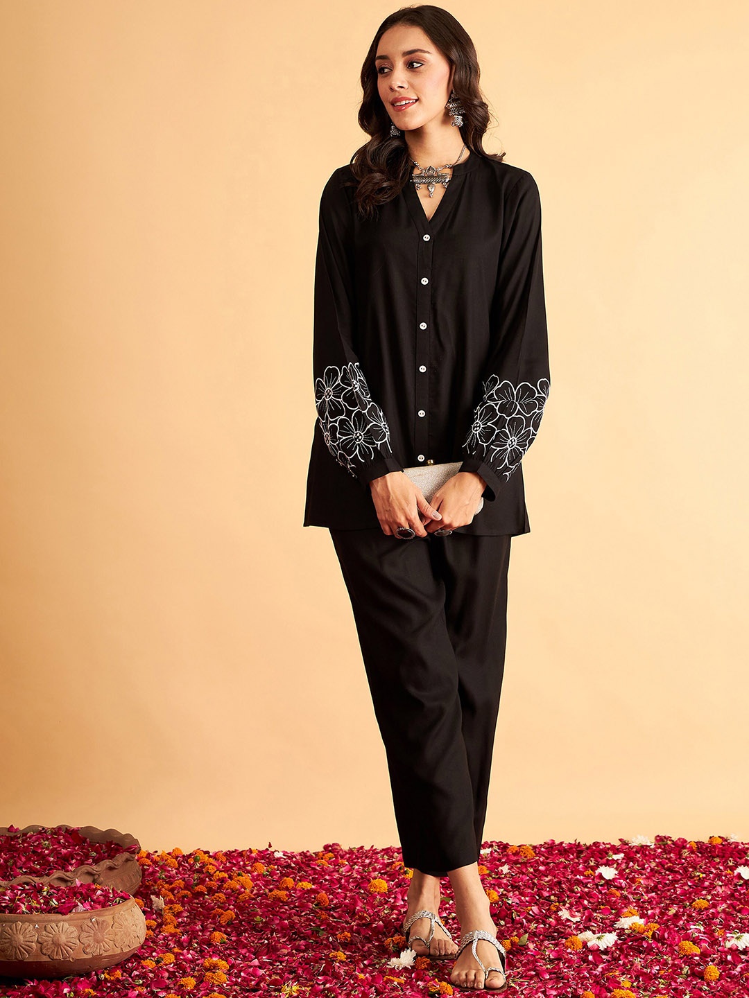 

Shae by SASSAFRAS Floral Embroidered Shirt-Collar Shirt & Trousers, Black