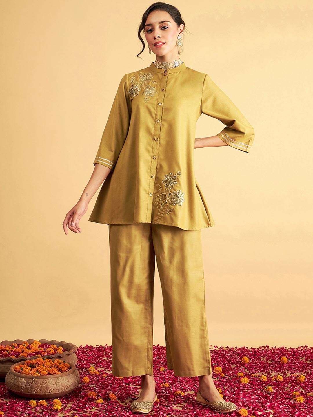 

Shae by SASSAFRAS Embellished Mandarin Collar Tunic With Trousers Co-Ords, Yellow