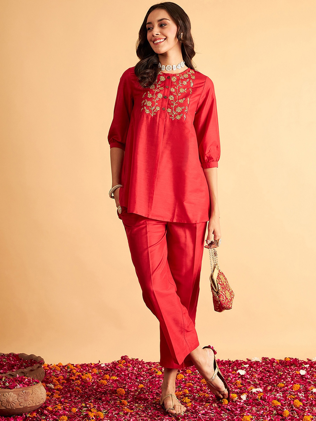 

Shae by SASSAFRAS Floral Embroidered Three-Quarter Sleeves Top & Trousers, Red