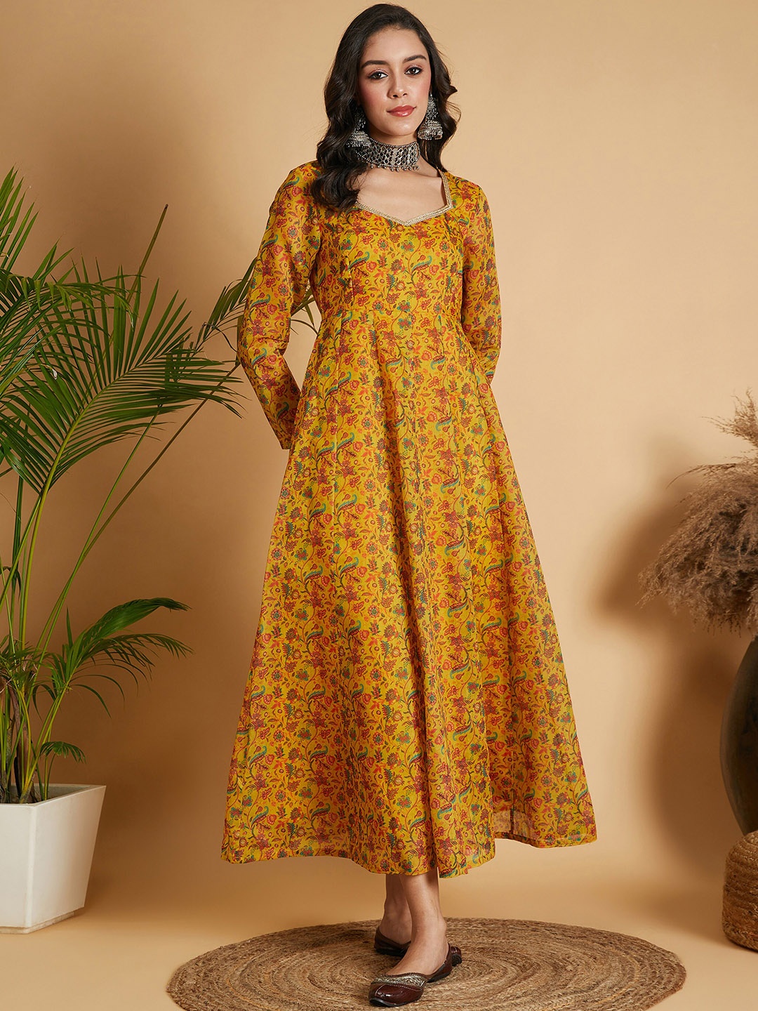 

Shae by SASSAFRAS Floral Printed Fit & Flare Midi Ethnic Dresses, Mustard