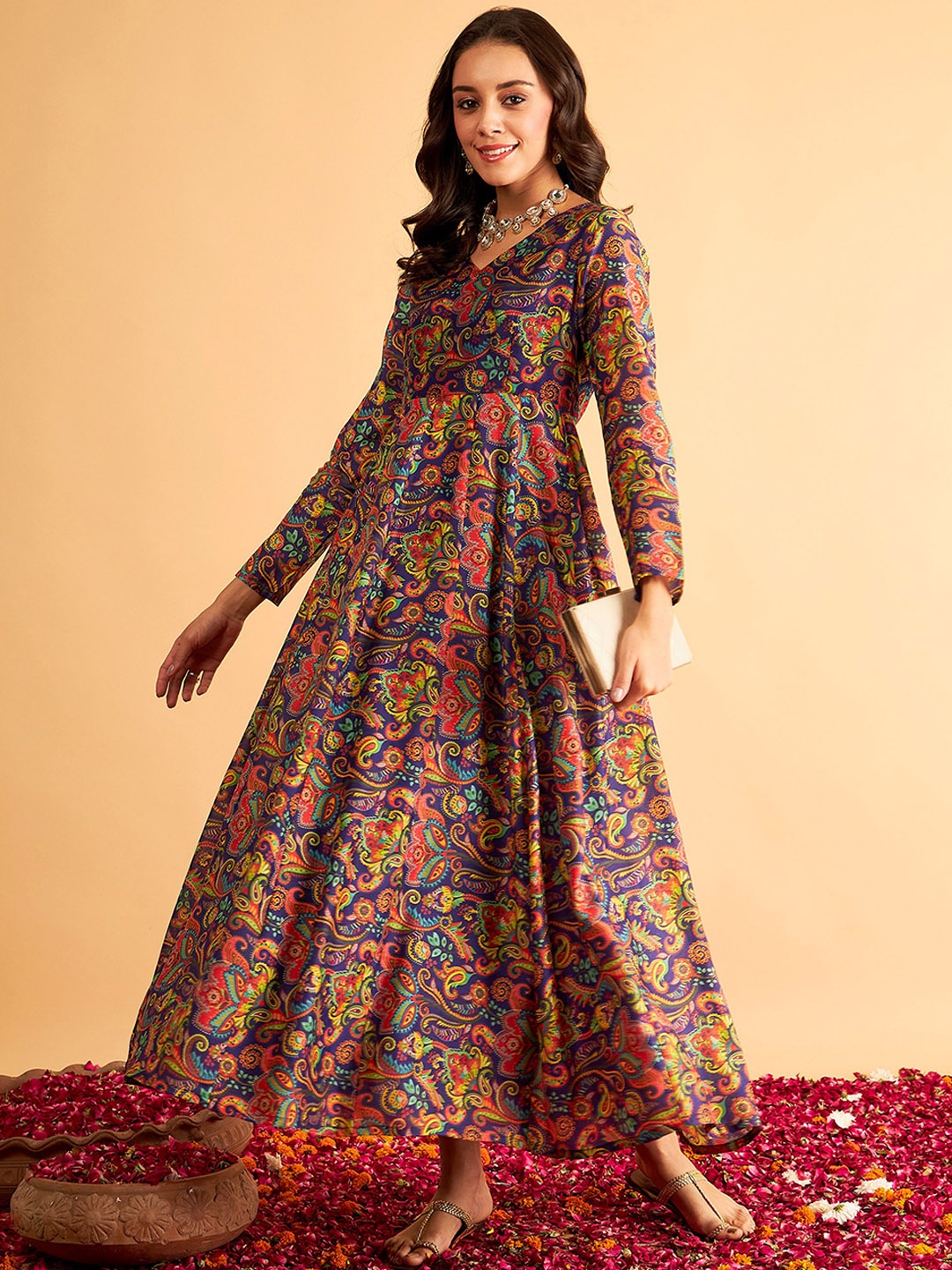 

Shae by SASSAFRAS Paisley Printed V-Neck Fit & Flare Maxi Ethnic Dresses, Purple