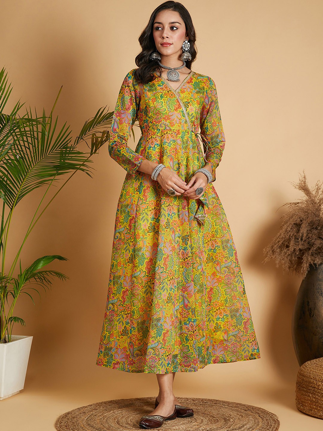 

Shae by SASSAFRAS Floral Printed Gotta Patti Angrakha Maxi Ethnic Dress, Yellow