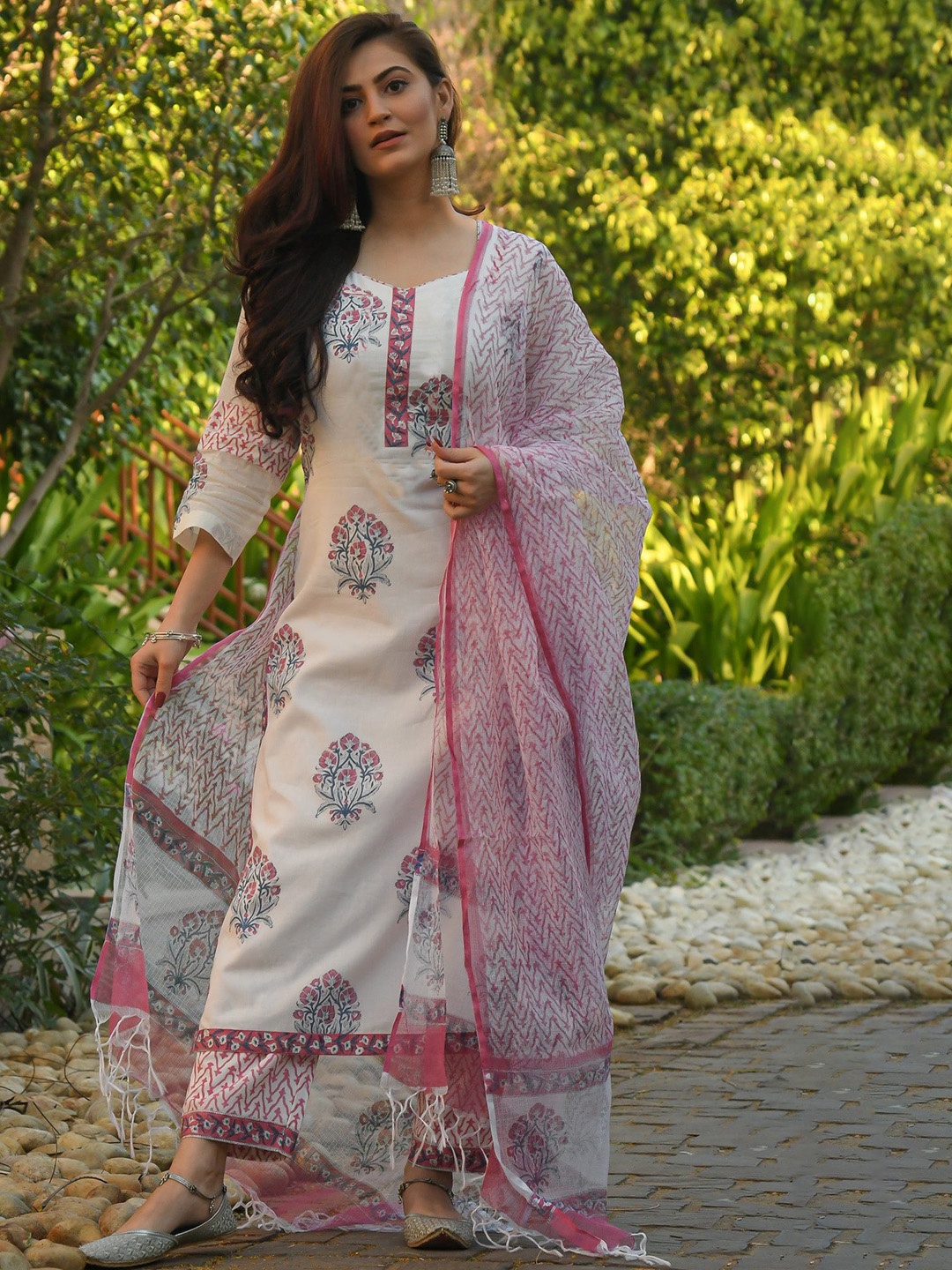 

KALINI Floral Printed Regular Kurta with Palazzos & With Dupatta, White