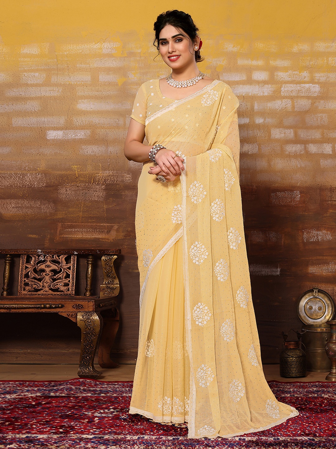 

Satrani Floral Embroidered Poly Chiffon Saree, Yellow