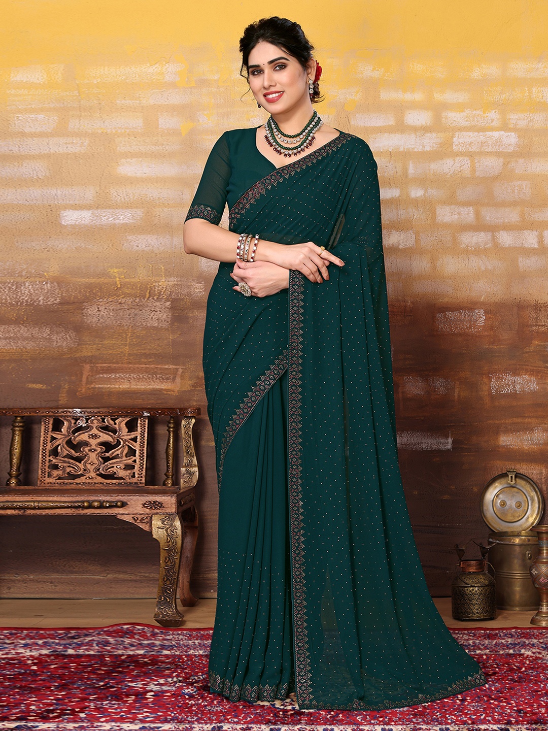 

Satrani Beads and Stones Embellished Saree, Green