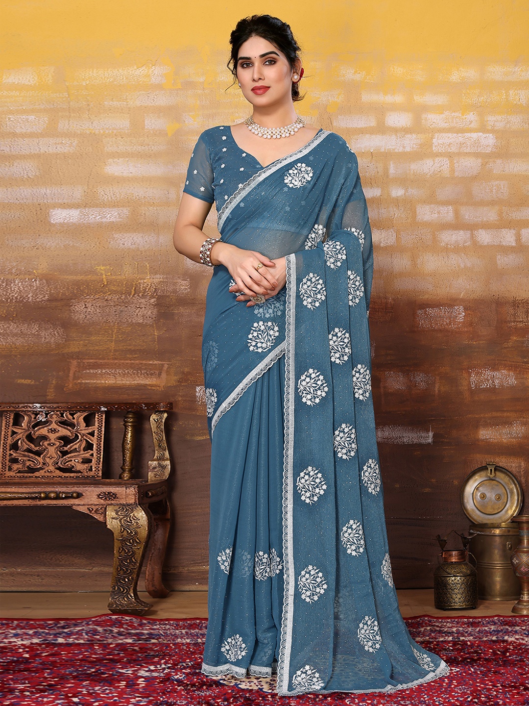 

Satrani Floral Embroidered Poly Chiffon Saree, Teal