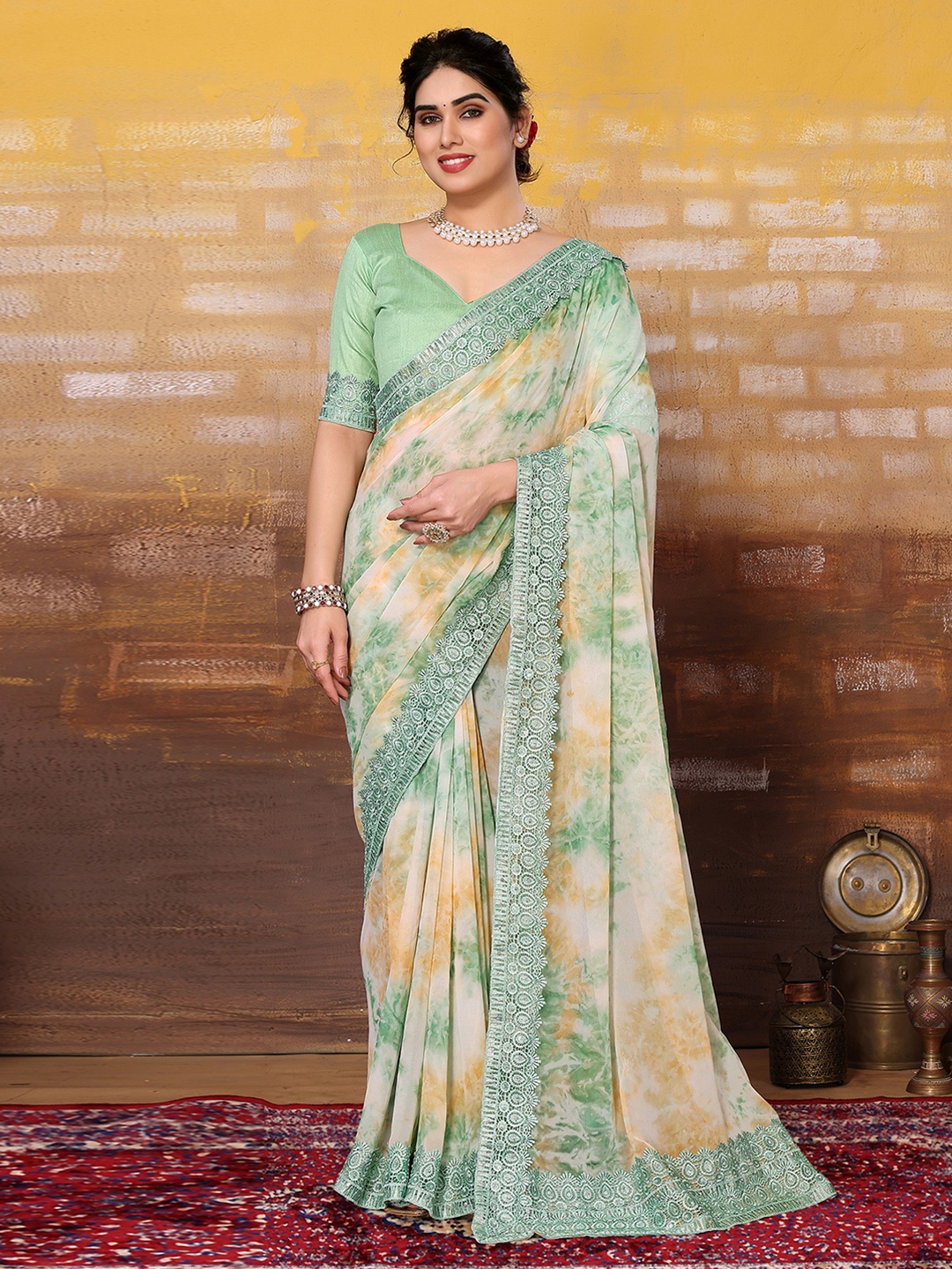 

Satrani Tie and Dye Printed Beads and Stones Poly Georgette Saree, Green