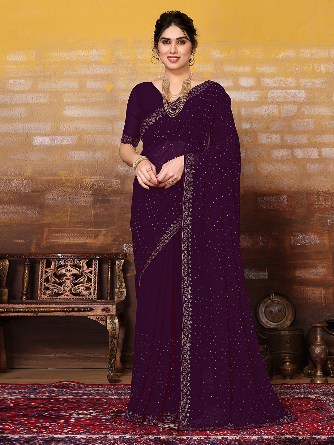 

Satrani Embellished Beads and Stones Poly Georgette Saree, Purple