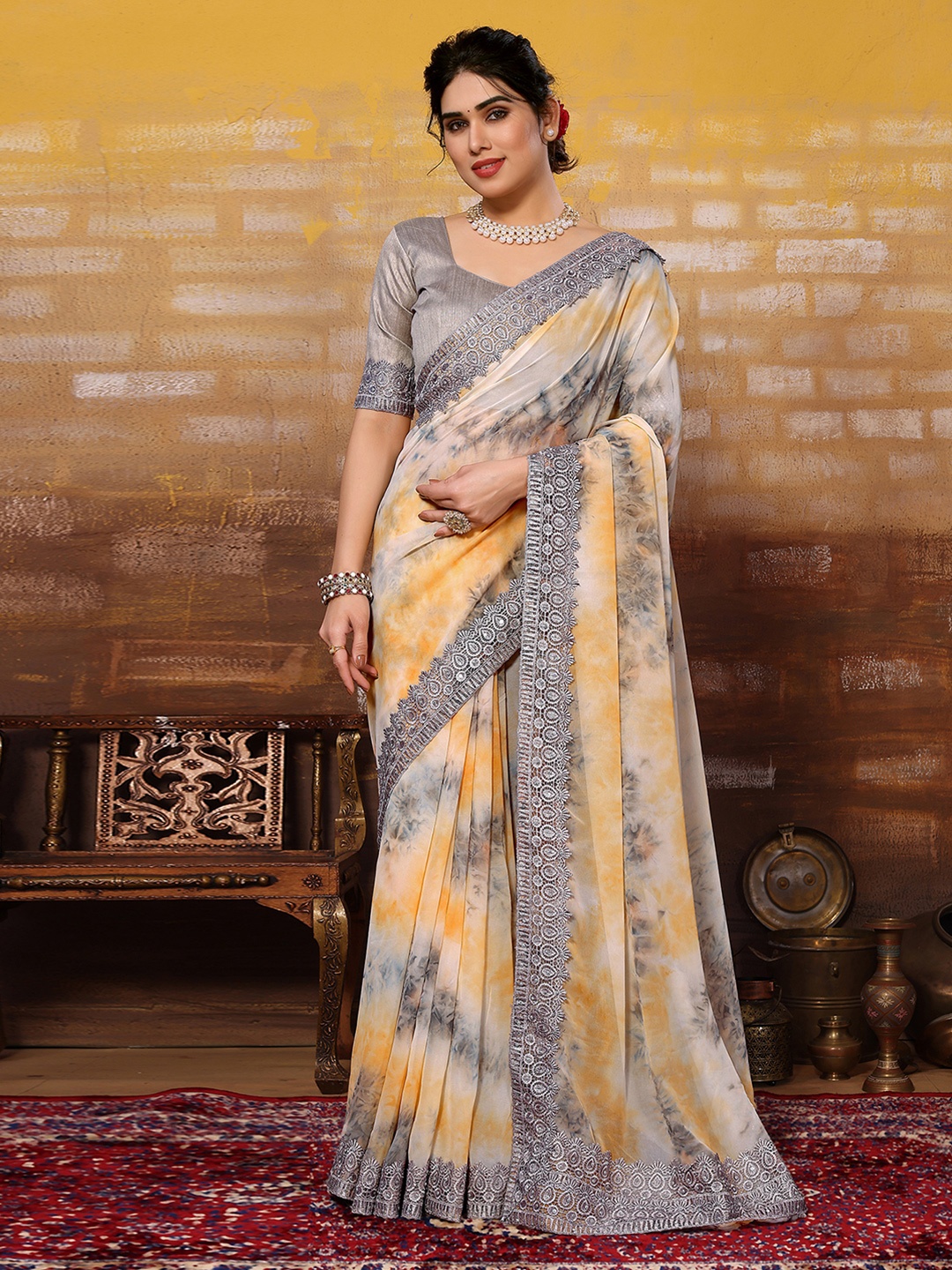 

Satrani Tie and Dye Printed Embroidered Poly Georgette Saree, Grey