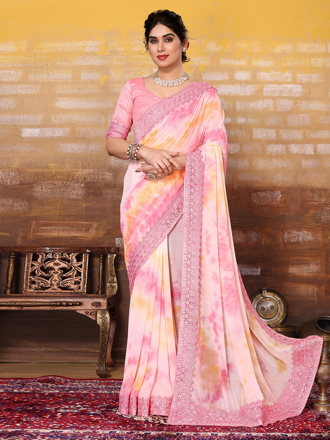 

Satrani Tie and Dyed Beads and Stones Embellished Saree, Peach