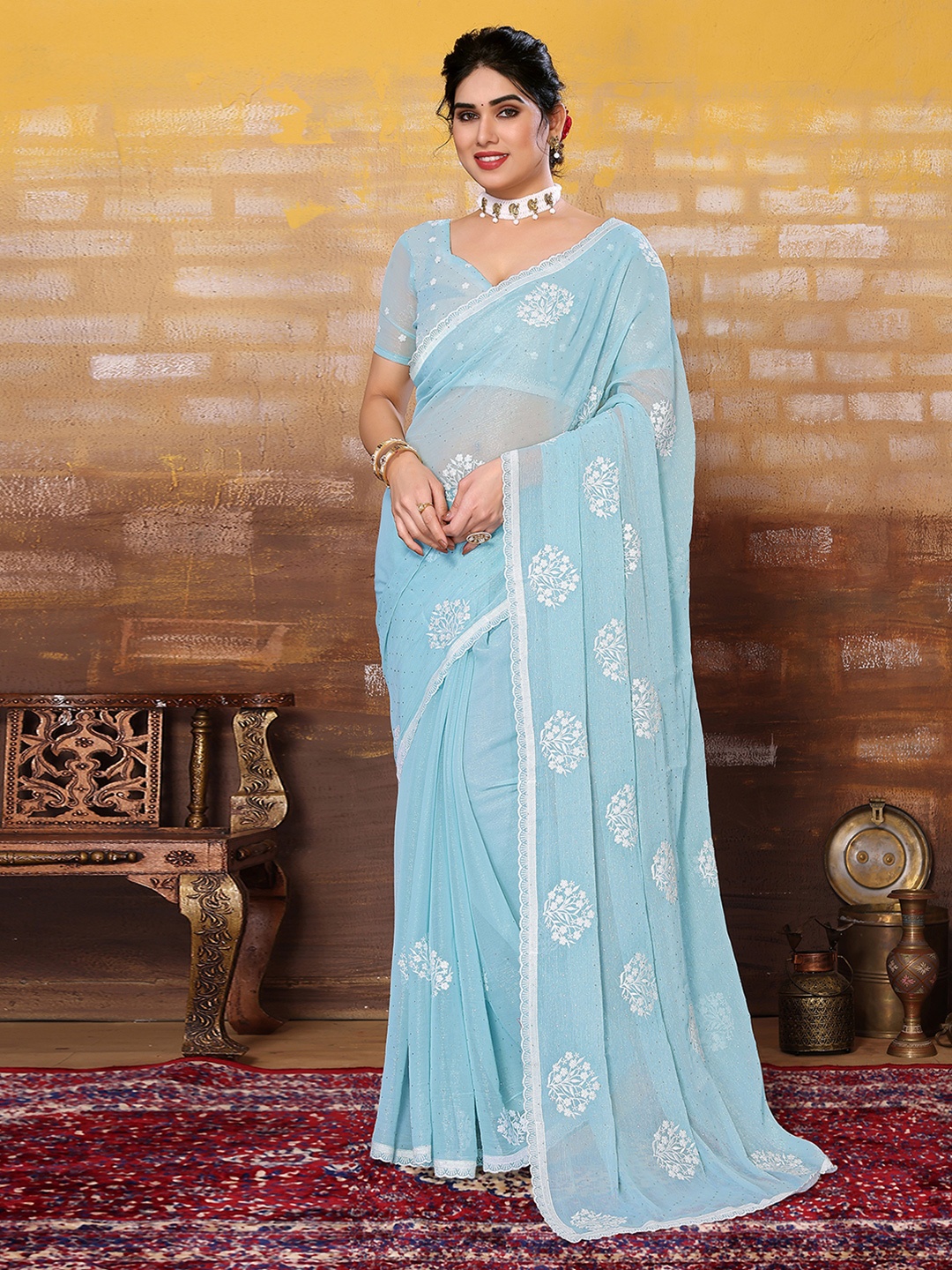 

Satrani Floral Embroidered Saree, Turquoise blue