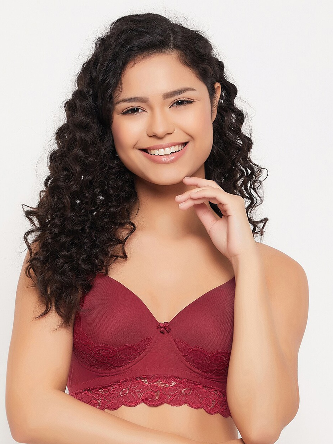 

Clovia Floral Lace Full Coverage Lightly Padded Bralette Bra with All Day Comfort, Maroon