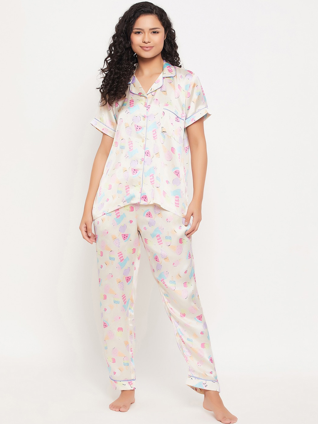 

Clovia Printed Shirt With Pyjamas Night Suit, Beige