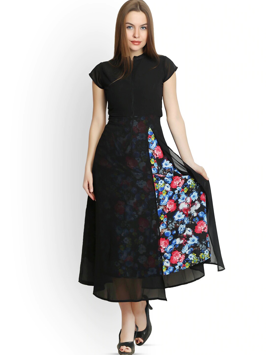 BAESD Floral Printed Fit & Flare Maxi Dress, Black
