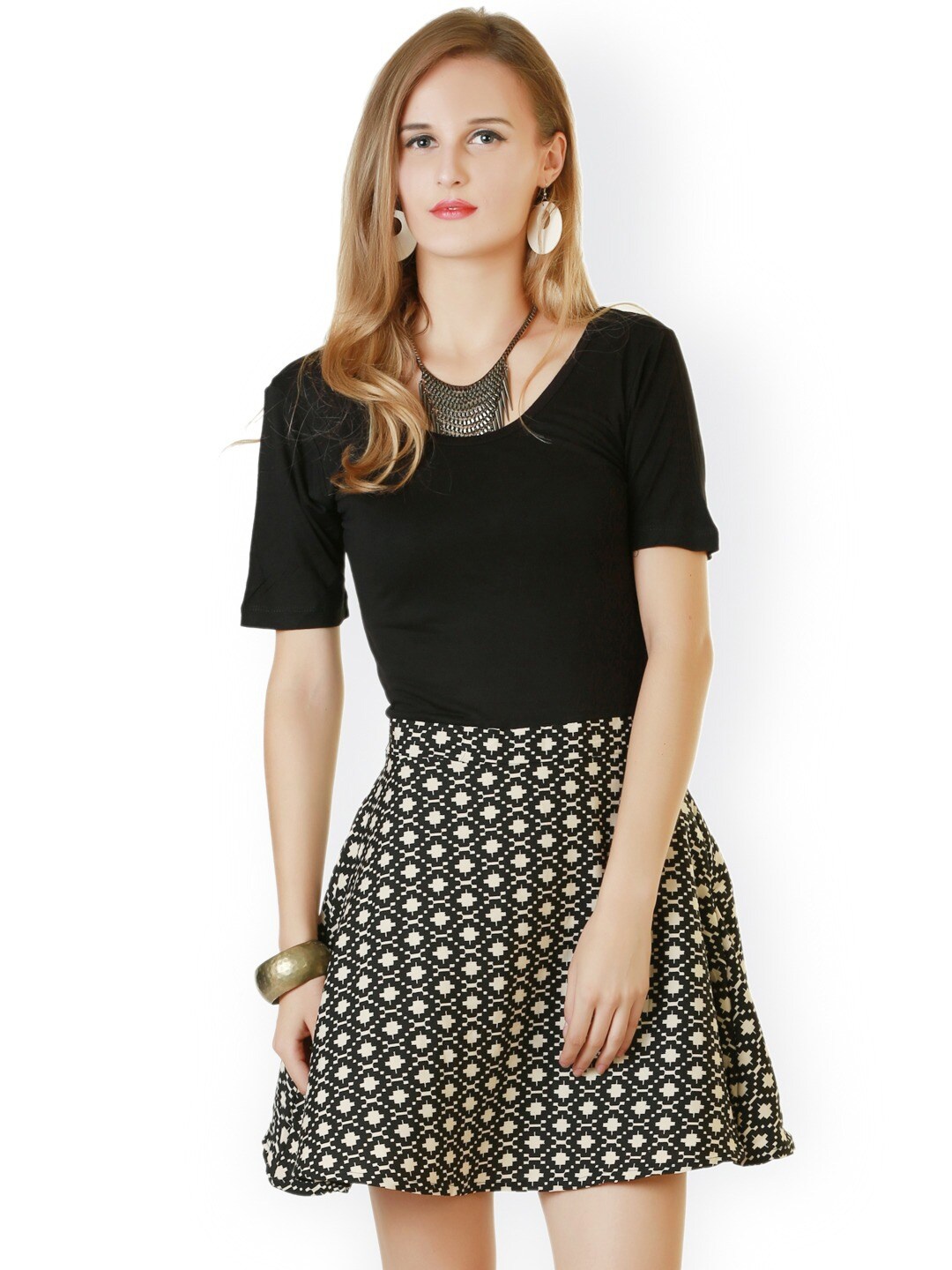 

BAESD Ethnic Motifs Printed A-Line Mini Dress, Black