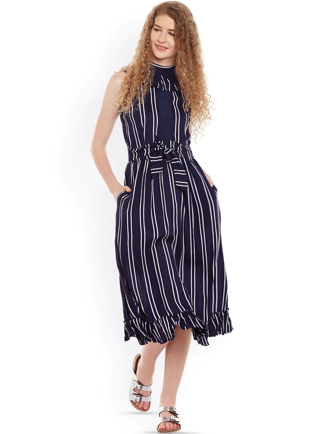 

BAESD Striped A-Line Midi Dress, Navy blue