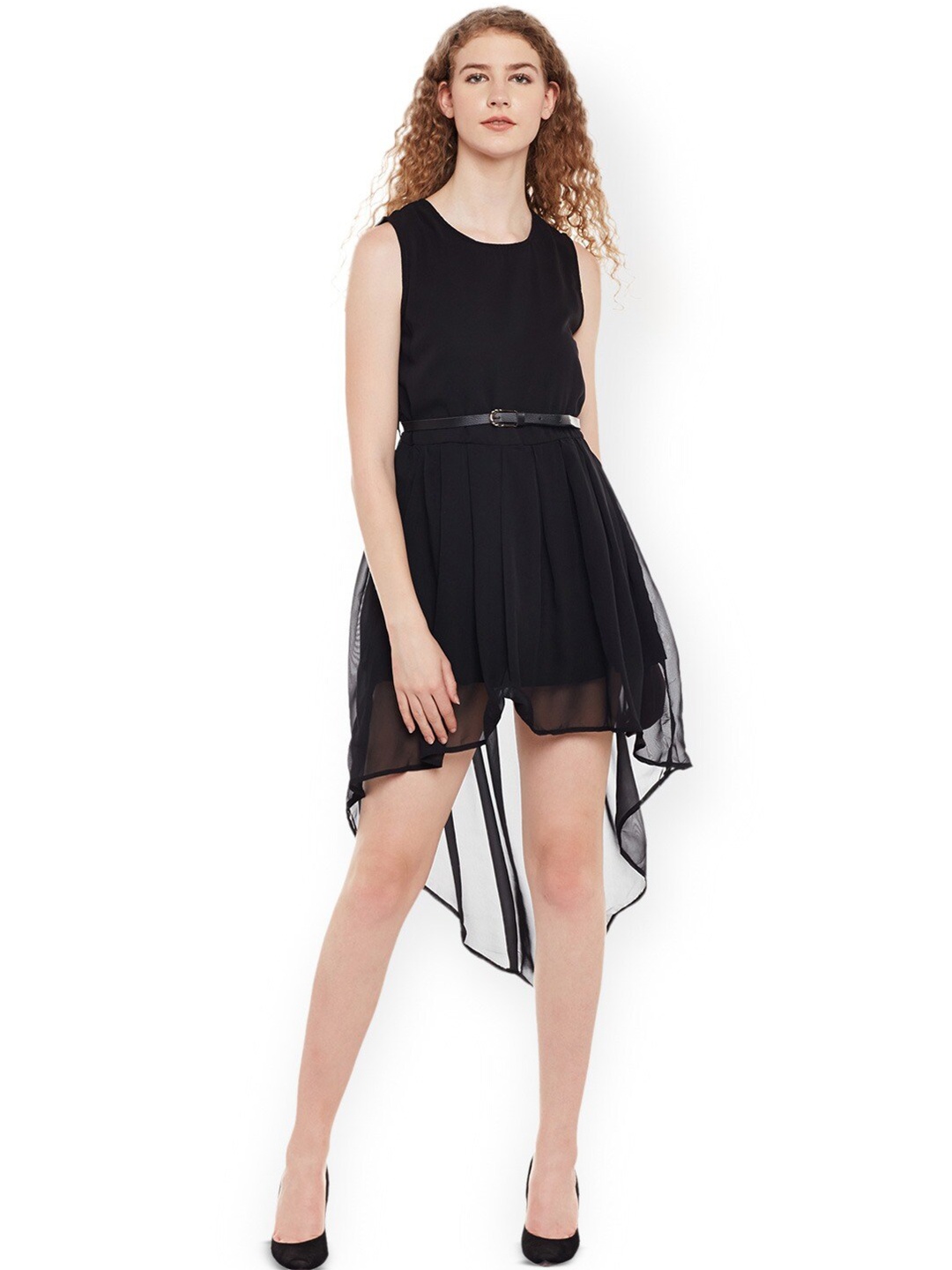 

BAESD Round Neck Georgette A-Line Midi Dress, Black