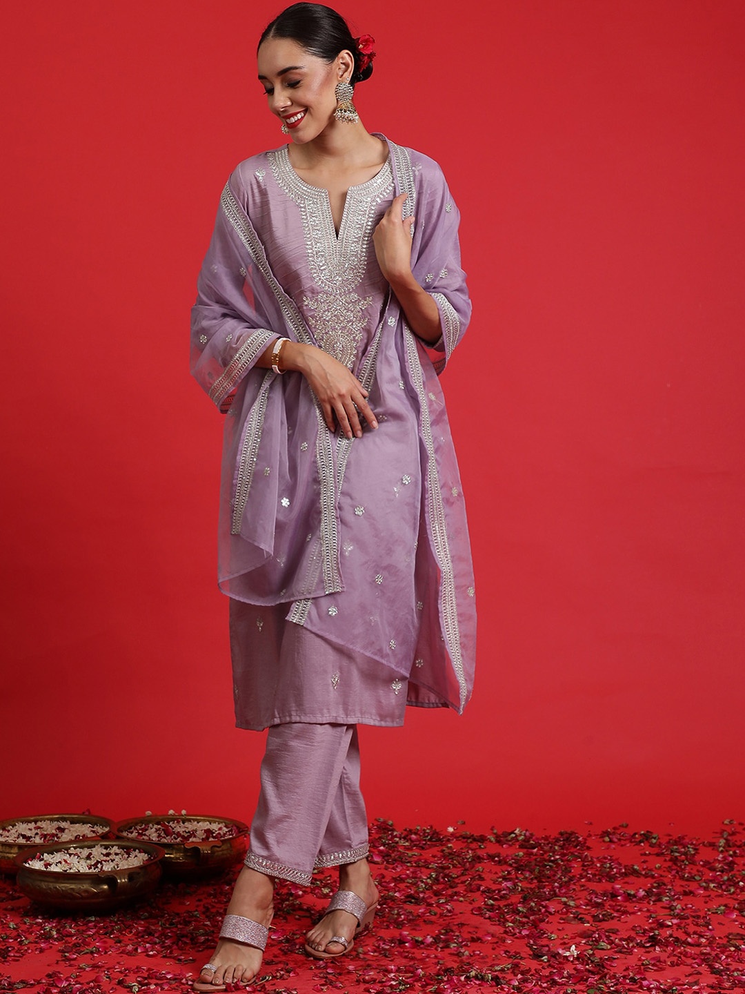 

Indo Era Embroidered Sequinned Straight Kurta with Trousers & Dupatta, Lavender