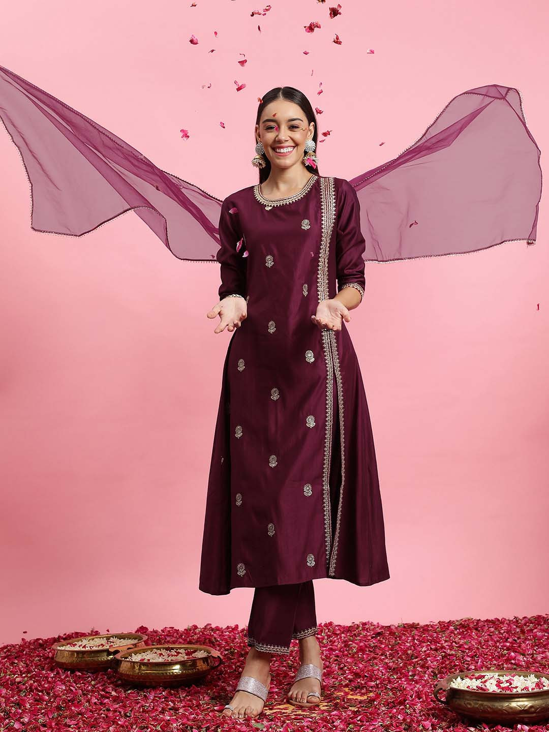 

Indo Era Floral Embroidered Sequinned Liva A-Line Kurta With Trousers & Dupatta, Purple